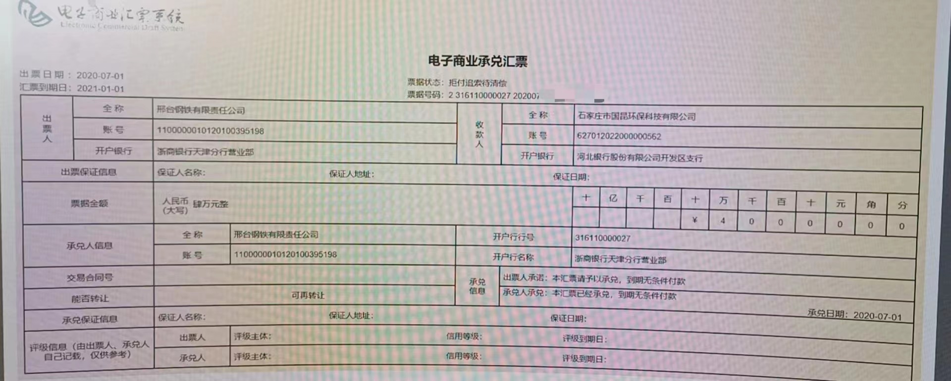 邢台钢铁责任有限公司商票逾期594天了！！！